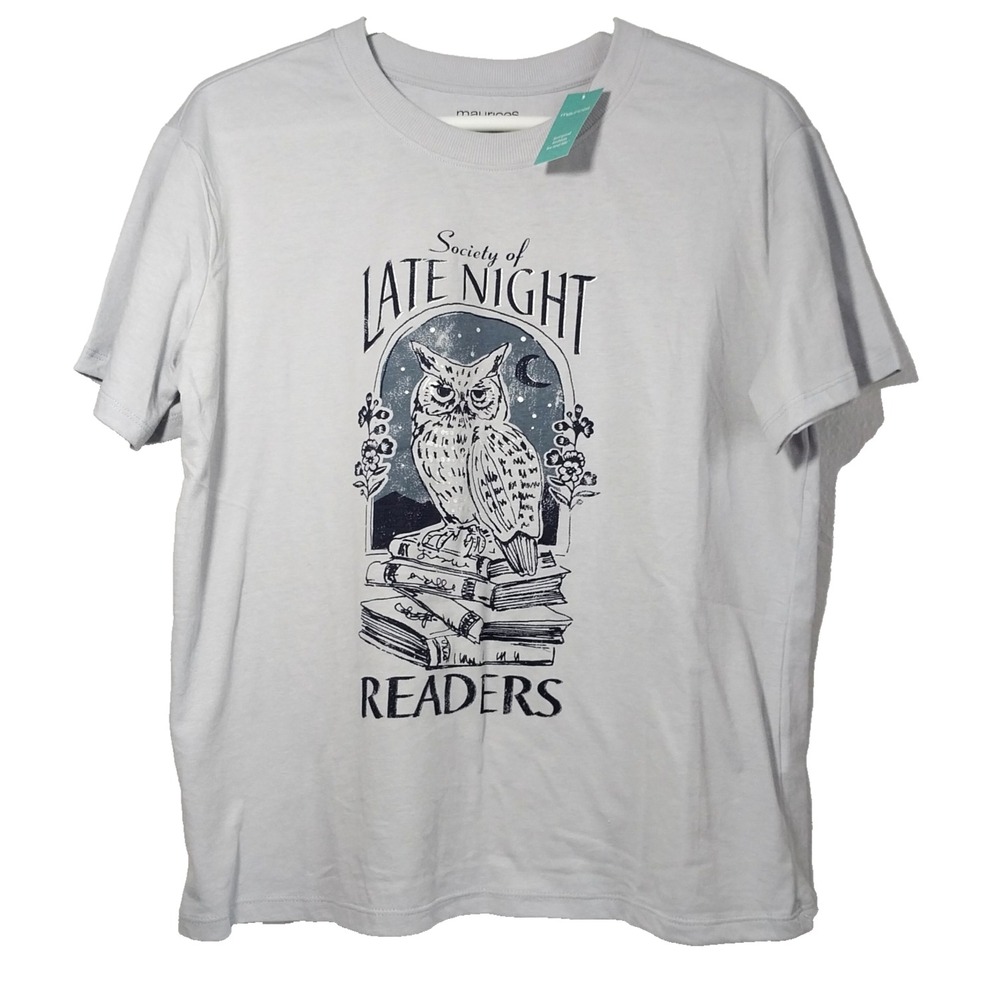 NWT Maurices W Sz M Graphic T-Shirt Grey w/Blue Owl Tee Bookworm/Night Owl/Readr
